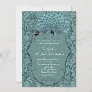Convites Casamento de Pavão Azul Teal Damask Vintage