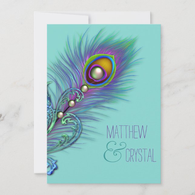 Convites Casamento de Pavão Azul Turquesa e Roxo (Frente)