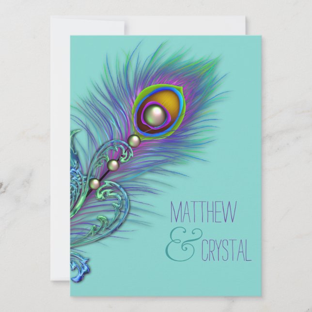 Convites Casamento de Pavão Azul Turquesa e Roxo (Frente)