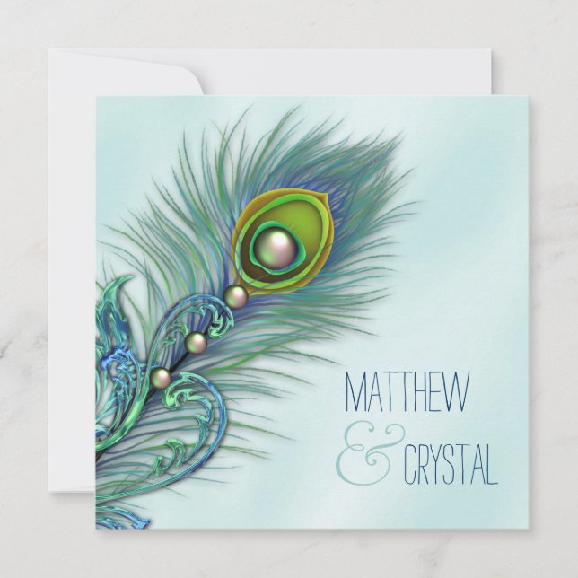 Convites Casamento de Pavão Azul Turquesa e Roxo (Frente)