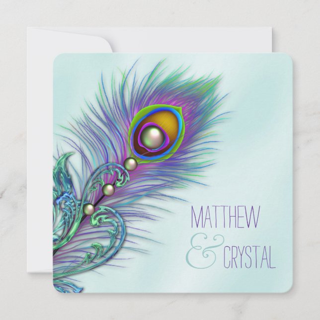 Convites Casamento de Pavão Azul Turquesa e Roxo (Frente)