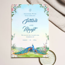 Casamento de Pavão Índio Floral Blue Watercolor