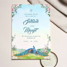 Convites Casamento de Pavão Índio Floral Blue Watercolor