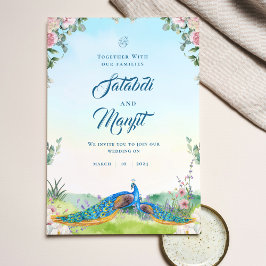 Convites Casamento de Pavão Índio Floral Blue Watercolor