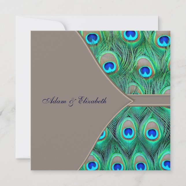 Convites Casamento de Pavão Marrom e Azul (Frente)