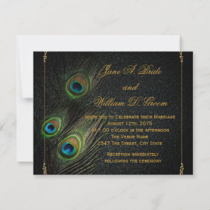 Convites Casamento de Pavão Preto e Dourado
