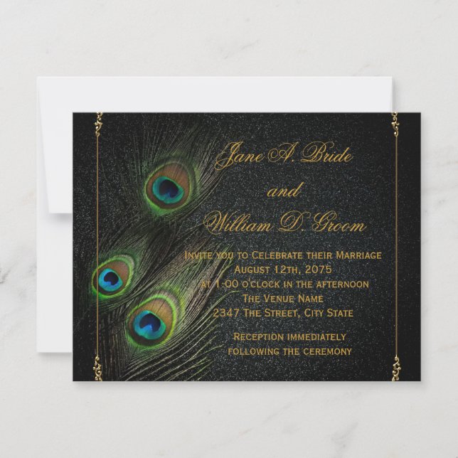 Convites Casamento de Pavão Preto e Dourado (Frente)