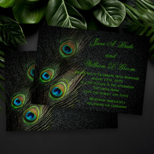 Convites Casamento de Pavão Preto Elegante Verde e Dourado