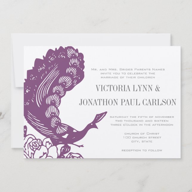 Convites Casamento de Pavão Violeta Roxo Vintage Modern (Verso)
