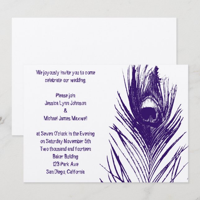 Convites Casamento de Pavões Roxos (Frente/Verso)