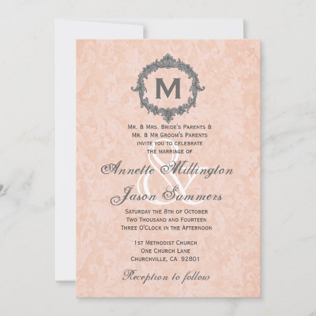 Convites Casamento de Peach Damask Silver Vintage (Frente)