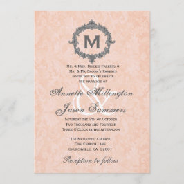 Convites Casamento de Peach Damask Silver Vintage