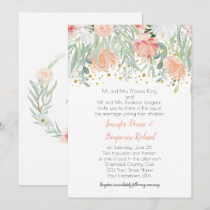 Convites Casamento de Peach e Green Floral Dourado Sparkles