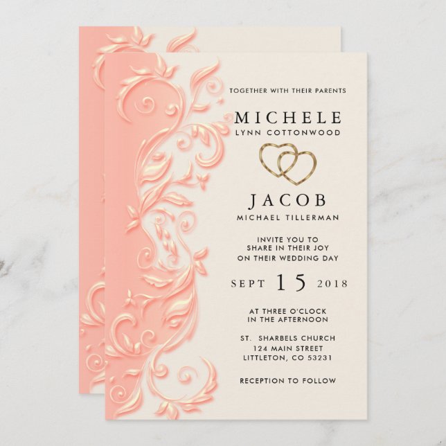 Convites Casamento de Peach Floral Swirl (Frente/Verso)