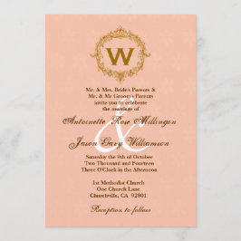Convites Casamento de Peach Monograma com Quadro de Vintage