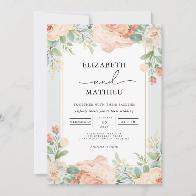 Convites Casamento de Peachy Floral Flourish (Frente)