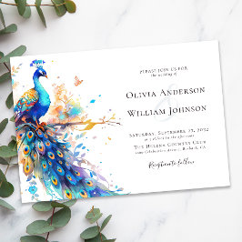 Convites Casamento de Peacock com Aquarela Elegante