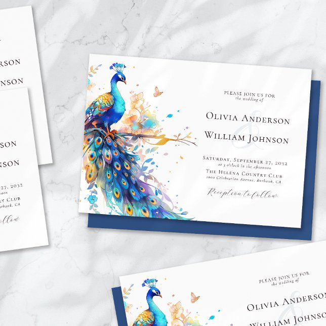 Convites Casamento de Peacock com Aquarela Elegante (Criador carregado)