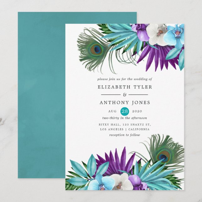 Convites Casamento de Peacock com Orquídeas Tropicais de Aq (Frente/Verso)