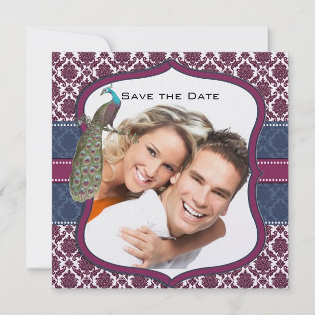 Convites Casamento de Peacock Damask Azul Marinho e Berry B (Frente)