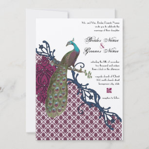 Convites Casamento de Peacock Damask Elegante Navy & Berry 