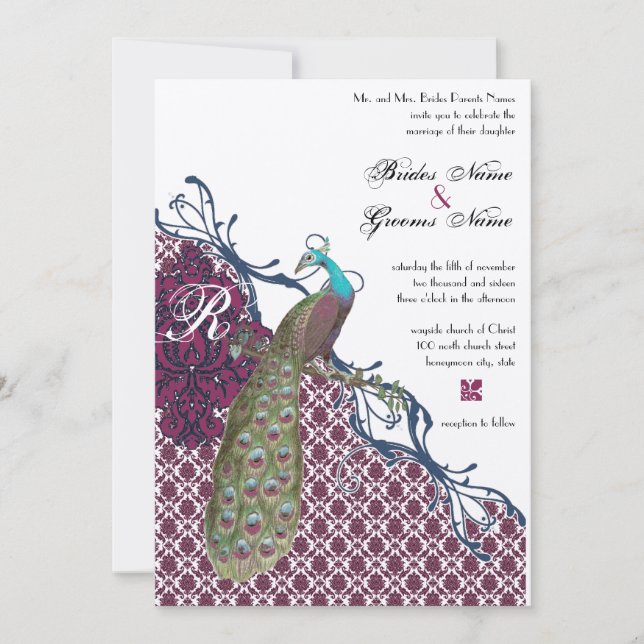 Convites Casamento de Peacock do marinho e Berry Berry Eleg (Frente)