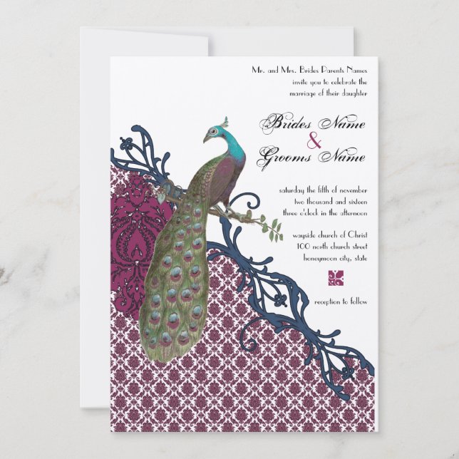 Convites Casamento de Peacock do marinho e Berry Berry Eleg (Frente)