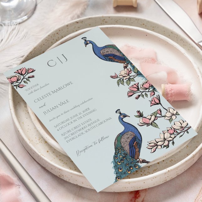 Convites Casamento de Peacock Floral Azul Elegante (Rustic Soft Blue Wedding Invitations. Hand-Drawn Blue & Teal Peacocks Perched on Magnolia Branches.)