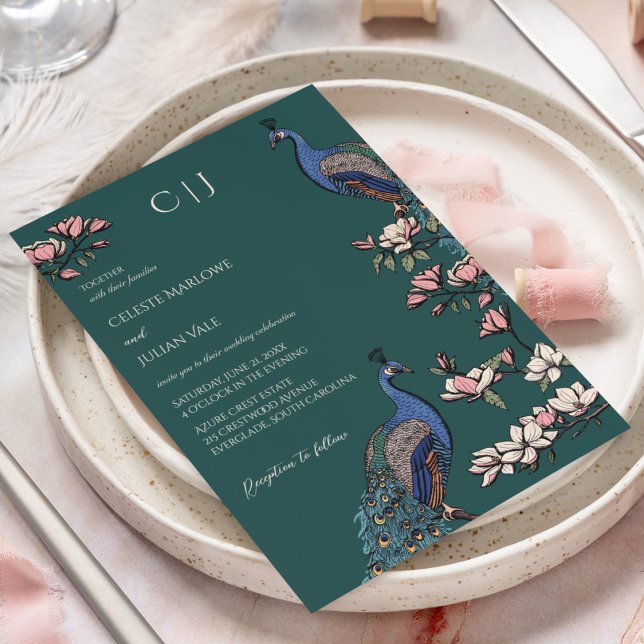 Convites Casamento de Peacock Floral Verde-Teal Elegante (Rustic Teal Green Wedding Invitations. Hand-Drawn Blue & Teal Peacocks Perched on Magnolia Branches.)