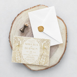 Convites Casamento de Peacocks em Deco de Arte Elegante