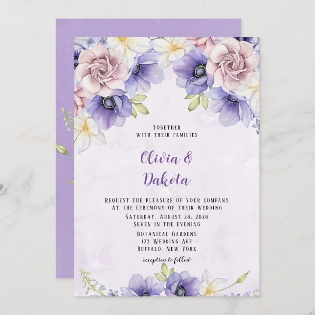 Convites Casamento de Pedagogia Floral Violet Purple Waterc (Frente/Verso)