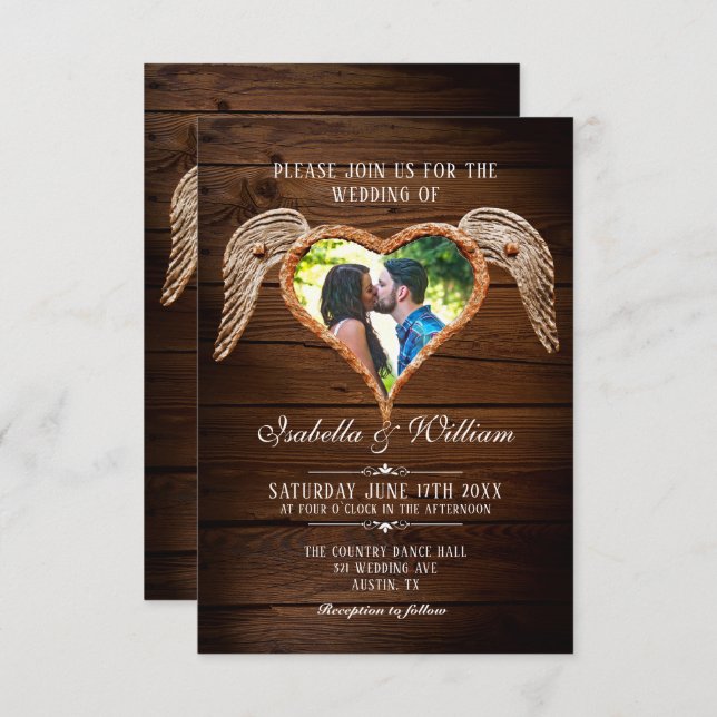 Convites Casamento de Pedra do Coração Russo Foto de Madeir (Frente/Verso)