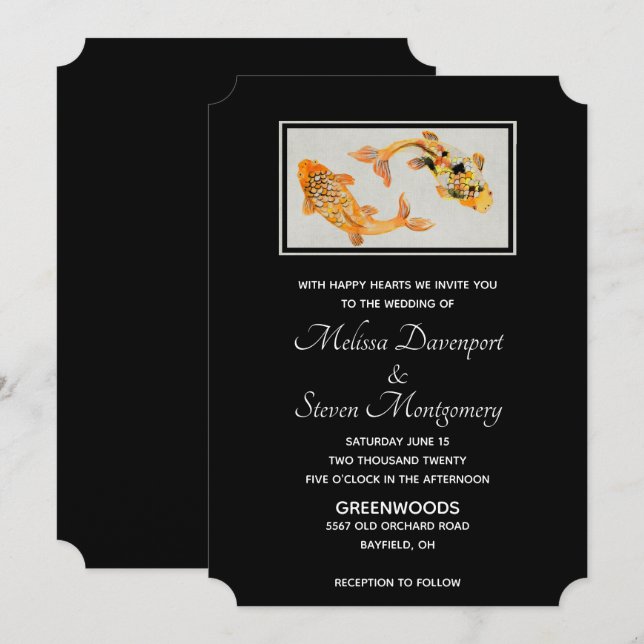 Convites Casamento de Peixe Koi Dourado Elegante (Frente/Verso)