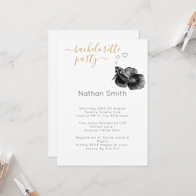 Convites Casamento de Peixes Dourados Elegante Preto (Frente/Verso In Situ)