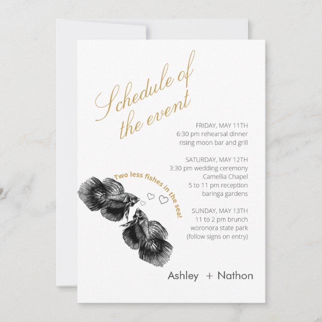 Convites Casamento de Peixes Dourados Elegante Preto (Frente)