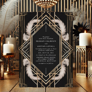Convites Casamento de Pena Art Déco Preto e Dourado