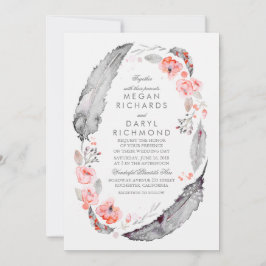 Convites Casamento de Penas Boêmicas, Rosa e Cinzas