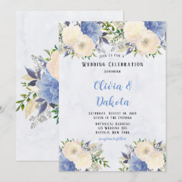 Convites Casamento de Penas Botânicas Azuis Amarelas Pálida