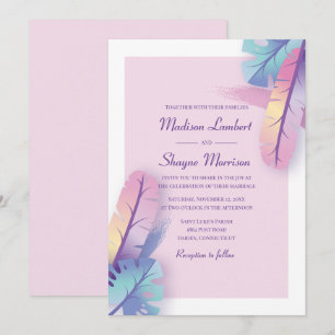Convites Casamento de Penas de Aquarela Roxa Boêmio