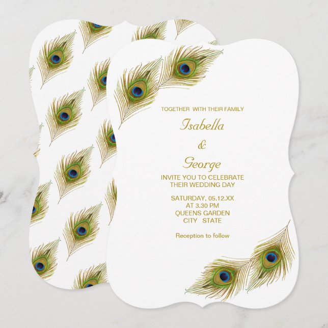 Convites Casamento de Penas de Pavão Elegantes (Frente/Verso)