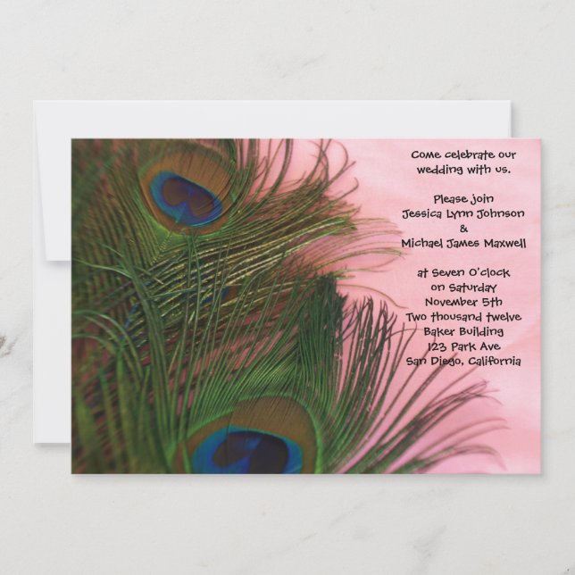 Convites Casamento de Penas de Pavão Rosa (Frente)
