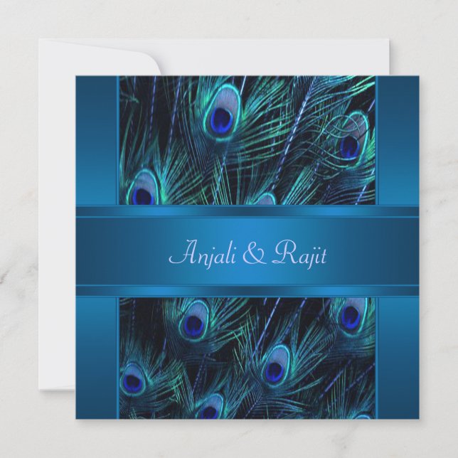 Convites Casamento de Penas de Pavão Roxo Azul Real (Frente)