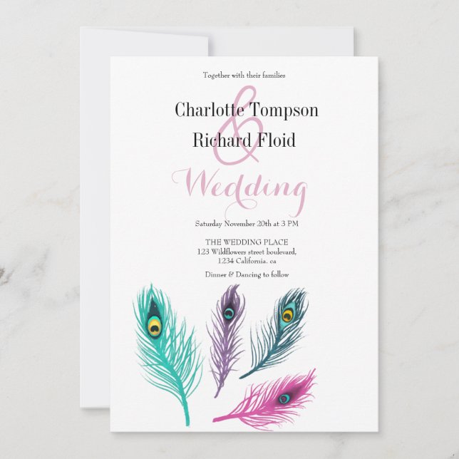 Convites Casamento de Penas de Peacock com Aquarela (Frente)