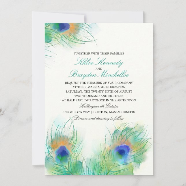 Convites Casamento de Penas de Peacock com Aquarela (Frente)