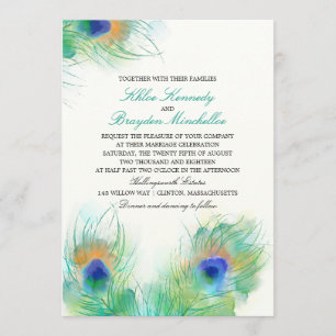Convites Casamento de Penas de Peacock com Aquarela