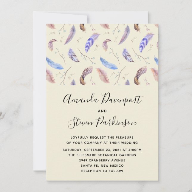 Convites Casamento de penas e folhas de aquarela (Frente)