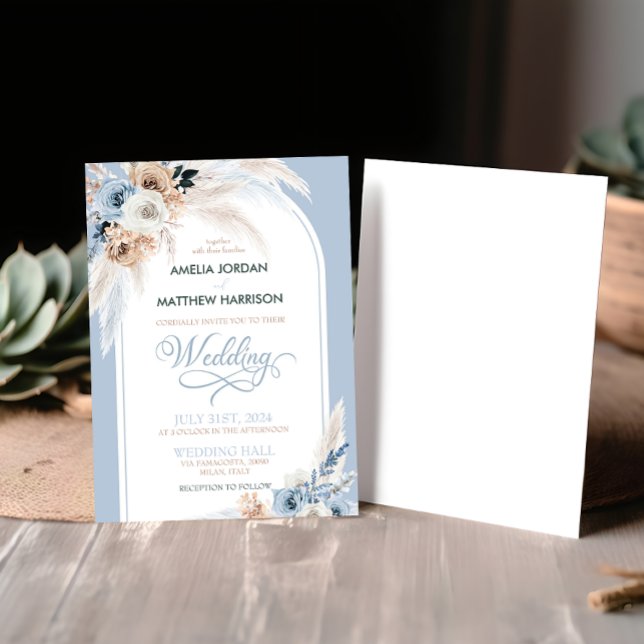 Convites Casamento de Penas Florais de Boho Azul com Waterc (Criador carregado)