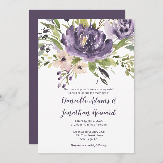 Convites Casamento de Peões de Aquarela Verde Lavanda Roxa (Frente/Verso)