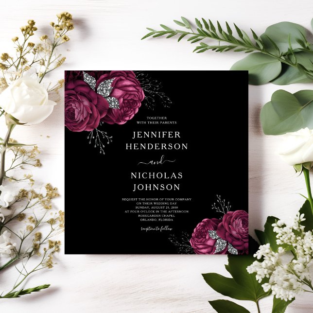 Convites Casamento de Peões de Borgonha Floral Negra (Black Floral Burgundy Peonies Wedding Invitation)