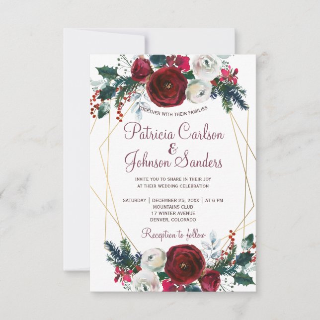 Convites Casamento de peões de ouro com burgundy vermelha a (Frente)